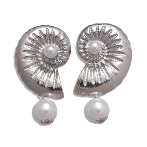 Silver nautilus shell earrings with faux pearl inlay and dangling pearl drop for women