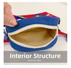 Internal structure detail of the cartoon car chest bag with blue zipper and lining