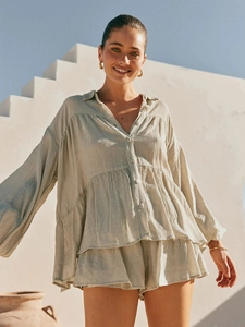 Women's 2-piece linen set with lantern sleeve button shirt and ruffle hem shorts