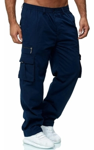 Detail of dark blue cargo pants with side flap pockets and functional zippers