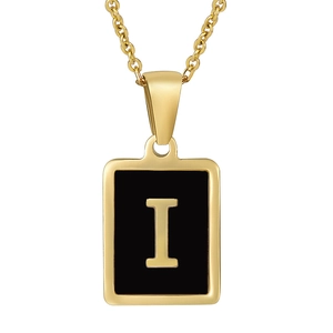 Detailed close-up of 18K gold stainless steel square pendant with letter I on black enamel