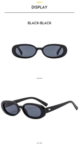 Front and 45-degree side view of oval black sunglasses with silver metal temple accents
