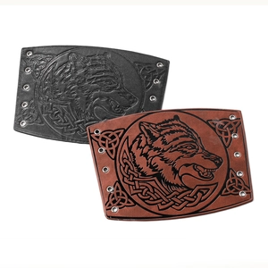 Viking PU leather arm guards with wolf head embossed patterns in black and brown