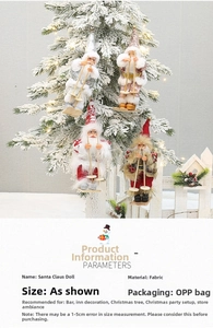 Detailed view of plush Santa Claus figures on skis hanging on a decorated snowy tree