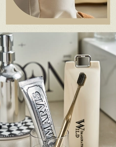 Travel dental kit with Marvis mint toothpaste and gold toothbrush in a beige storage case