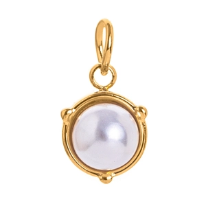 Golden stainless steel circular pendant with a polished white pearl and bead accents
