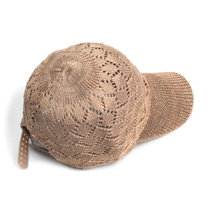 Detailed macro shot of khaki knitted mesh texture on an outdoor sun protection baseball cap