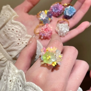 Colorful 3D floral open ring set in gold plating for sweet vacation fashion style