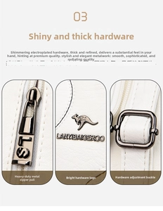 Macro detail of gunmetal hardware with logo engraving and buckle on white leather bag