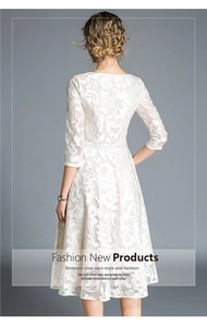 Detailed back view of white lace dress showing elegant slim fit and floral embroidery