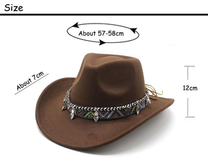 Chapeau de cowboy marron en laine avec guide des tailles pour circonférence et bord