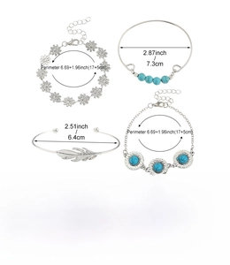 Detailed size specifications for bohemian multi-layer turquoise bracelet set in alloy