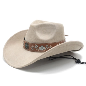 Cappello da cowboy beige in scamosciato con ricamo floreale e cordino sottogola