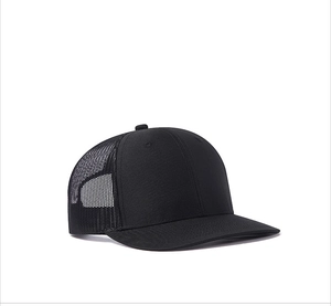 Side view of black mesh trucker hat showing breathable structure and curved brim