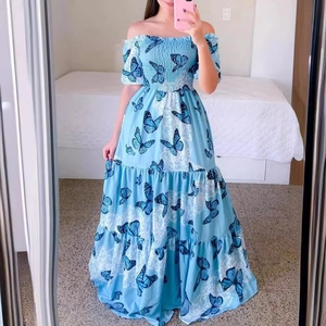 Women Smocked Off Shoulder Maxi Dress Polyester Floral Butterfly Rainbow Print Tiered Bohemian Holiday Long Dress
