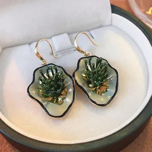 Irregular Flower Stamen Drop Earrings Green Enamel Copper Vintage Elegant Hook Jewelry With Silver Earring Post