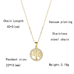 Detailed specs of Tree of Life gold pendant necklace in stainless steel with dimensions