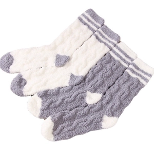 Thick coral fleece striped sleeping socks in white and grey for winter home wear