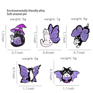 Wizard cat enamel pins size chart showing five spooky butterfly cat badges in inches and grams