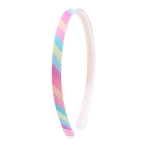Detail showing the rainbow glitter stripes and white plastic base of the 1cm headband