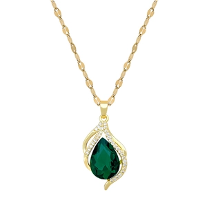 Elegant gold titanium steel necklace featuring a teardrop green gemstone with pavé zircon