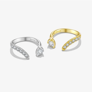 925 Sterling Silver Ring Pear Teardrop Zircon Pavé Open Adjustable Irregular Design Fashion Jewelry For Women
