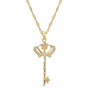 Elegant gold titanium steel crown key pendant necklace with sparkling gemstones
