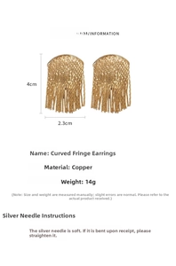Detailed specs of curved tassel stud earrings in copper with size 4x2.3cm and 14g weight