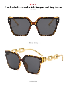 Detail of tortoise frame sunglasses with thick gold chain temples and grey lenses