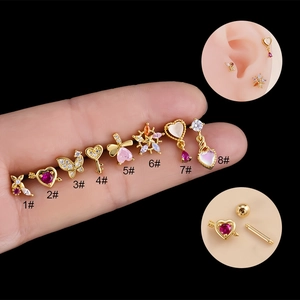 Pink Zircon Cartilage Piercing Stud Stainless Steel Bar Copper Heart Butterfly Flower Threaded Screw Back Jewelry For Women