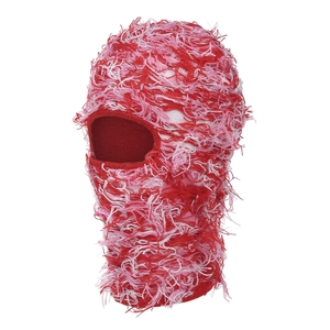 Furry red and pink knitted balaclava ski mask with eye openings for winter warmth
