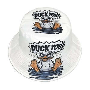 White canvas bucket hat featuring a funny cartoon duck and Duck You street style print
