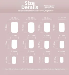 Detailed size chart for square false nails including width and length in millimeters