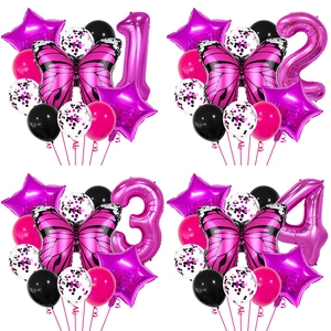 Rose Red Butterfly Number Balloon Set Birthday Party Decorations Foil Butterfly Star Balloon For Girls Birthday Party Supplies