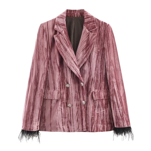 Pink pleated velvet double-breasted blazer with black feather cuffs for women