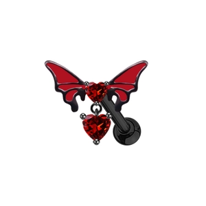 Detail of butterfly navel piercing with black plating and red heart-shaped zircon stones