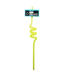 Detailed view of green reusable spiral straw with a classic blue retro game controller icon