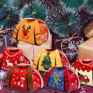 Christmas sweater-shaped candy gift boxes with festive reindeer and tree patterns