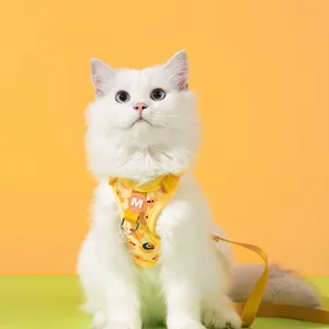 Adjustable yellow cat harness and leash set with cute duck print for outdoor walking