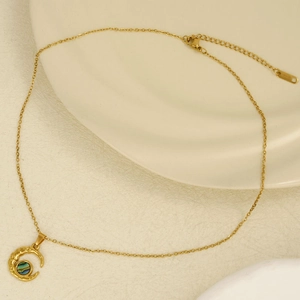 Golden 304 stainless steel moon pendant necklace with colorful abalone shell inlay