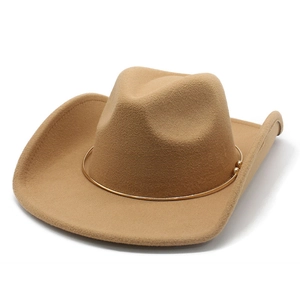 Western Cowboy Hat Polyester Wool Felt Wide Brim With Gold Metal Ring Decoration Retro British Jazz Style Fedora For Adults