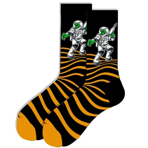 Detailed view of novelty socks with orange astronaut pattern and wavy stripes on black fabric