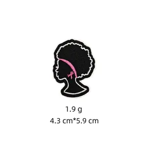 Cartoon black girl silhouette embroidery patch with pink ribbon for clothing decor