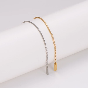 Minimalist square snake chain bracelet with rectangular pendant in gold and silver finish