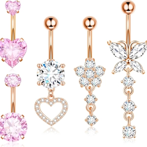 Piercing de Nombril en Acier Inoxydable Or Rose avec Strass Cœur Papillon Fleur Bijoux de Corps pour Femme