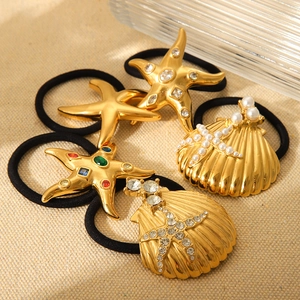 Golden Ocean Theme Starfish Shell Hair Ties Stainless Steel Rhinestone Artificial Pearl Encrusted Elastic Ponytail Holder For Women