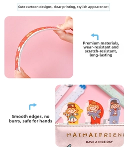 Detail of flexible 15cm cartoon ruler and matching pink pencil case for students