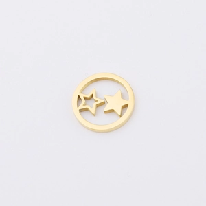 Detailed view of a gold circular charm featuring solid and hollow star designs