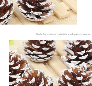 Macro shot of natural pine cones with white snow spray for rustic Christmas home decor