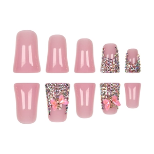 Pink French duck feet press-on nails with 3D butterflies and iridescent glitter accents